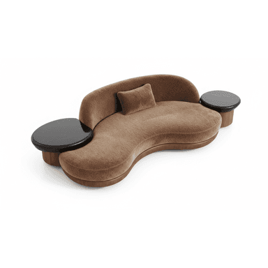 An avant-garde, organically shaped sofa with a curved silhouette. The sofa features a plush, textured brown upholstery and is complemented by two integrated side tables. The side tables have dark, polished tabletops, possibly marble or a similar stone, and wooden bases that seamlessly connect to the sofa's frame. A single matching throw pillow is present on the seating area. — 3D model (AI enhanced source)