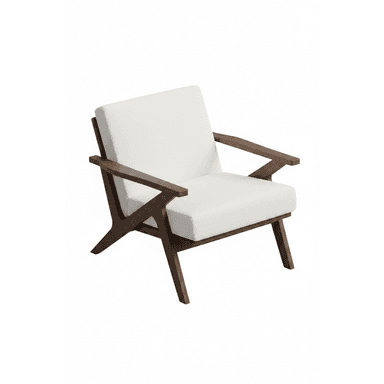 A modern armchair with a wooden frame and upholstered seat and back. The frame features angled legs and armrests, characteristic of mid-century modern design. The upholstery is a textured, light-colored fabric. — 3D model (AI enhanced source)
