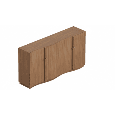 A long, low wooden cabinet featuring a serpentine or wave-like curved front. It has multiple doors, each adorned with a distinctive brass pull handle. The wood displays a natural grain pattern. — 3D model (AI enhanced source)