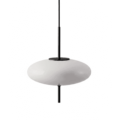 A modern pendant light featuring a large, horizontally oriented ovoid diffuser made of opaque white material, suspended by a slender black rod and cable. The design is minimalist and contemporary. — 3D model (AI enhanced source)