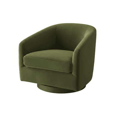 A contemporary armchair with a rounded silhouette and upholstered in a textured fabric. It features a swivel base for 360-degree rotation. The chair has a deep seat and a curved backrest that extends into low-profile armrests, creating a cohesive, enveloping form. The base is a circular, dark-finished disc. — 3D model (AI enhanced source)