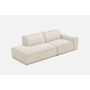 A modern, modular sectional sofa featuring an integrated chaise lounge, upholstered in a light, neutral-toned woven fabric with distinct piping details defining its clean, geometric lines. — 3D model (AI enhanced source)