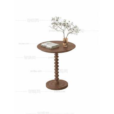 A round wooden table featuring a single, elaborately turned pedestal base and a circular plinth base, presented in a dark wood finish. — 3D model (AI enhanced source)