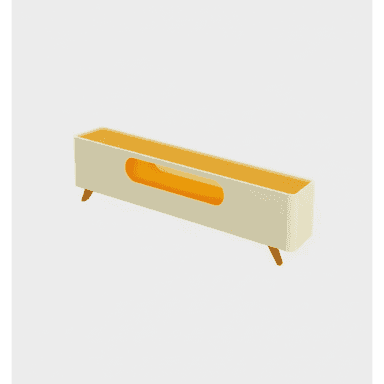 A modern media console featuring a long, rectangular silhouette with rounded corners, elevated on four tapered, splayed legs. The body of the console is a light cream or off-white color, while the top surface and the interior of the central open compartment are a vibrant orange-yellow hue, creating a striking two-tone design. The console includes a large, horizontally oriented open cubby in the center, flanked by two closed compartments, likely with doors, for concealed storage. — 3D model (AI enhanced source)