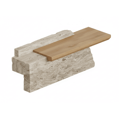 A contemporary coffee table featuring an asymmetrical design with a multi-part, rough-hewn travertine stone base and a smooth, rectangular wooden top. The light-colored wood slab rests on and extends beyond the travertine elements, creating a dynamic visual contrast. — 3D model (AI enhanced source)
