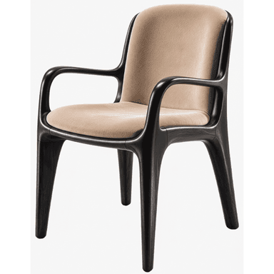 A contemporary armchair featuring a dark stained wooden frame with a curved, integrated design, encompassing both the armrests and legs. The seat and backrest are upholstered in a light, neutral-toned fabric, providing a soft contrast to the dark wood. The chair exhibits clean lines and a minimalist aesthetic. — 3D model (AI enhanced source)