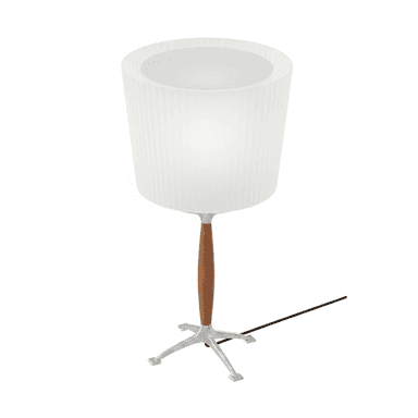 A mid-century modern table lamp featuring a fluted, frosted glass shade atop a distinct base. The shade is cylindrical with a slightly wider top and bottom opening, exhibiting a subtle ribbed texture that diffuses light softly. The stem connecting the shade to the base is a smooth, tapered wooden element, likely walnut, providing a warm contrast to the metallic base. The base is a starburst or tripod design, constructed from polished aluminum or a similar silver-toned metal, with splayed legs ending in flat, rectangular feet for stability. A black cord extends from the base for power connection. — 3D model (AI enhanced source)