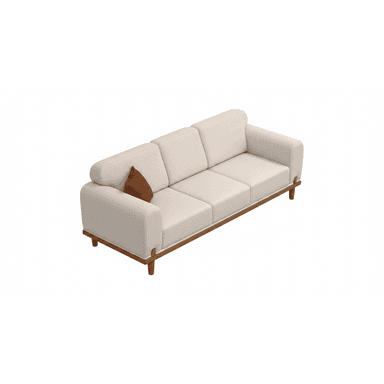 A three-seater sofa with a light-colored, textured fabric upholstery. The sofa features a low profile with distinct seat cushions and a single-piece back cushion divided into three sections. It has a wooden frame and legs, with a visible wooden base extending around the perimeter. A single, small, rust-colored decorative pillow is placed on the left side of the seating area. — 3D model (AI enhanced source)