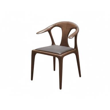 A sculptural armchair crafted from dark wood, featuring a curved backrest that seamlessly flows into integrated armrests. The chair has a dark gray upholstered seat and is supported by four tapered legs. Its design exhibits organic curves and a minimalist aesthetic. — 3D model (AI enhanced source)