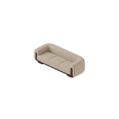A contemporary three-seater sofa featuring a light beige fabric upholstery and distinctive dark wood elements. The sofa has a low profile with clean lines, rounded armrests, and individual seat cushions. The base and a cutout detail on the armrests are finished in a dark, possibly stained, wood. — 3D model (AI enhanced source)