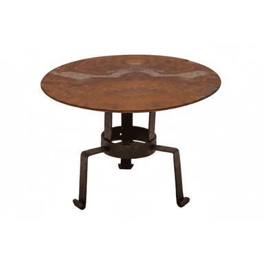 A small, round accent table featuring a distinctive reddish-brown variegated stone top supported by a dark, possibly wrought iron, tripod base. The base has a simple, somewhat rustic or industrial aesthetic with three splayed legs that curl outwards at the bottom. — 3D model (AI enhanced source)