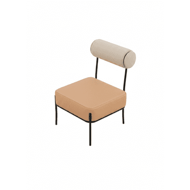 A modern armless lounge chair with a low-profile, rectangular cushioned seat in light brown/tan faux leather, supported by a minimalist black metal frame. It features a distinctive cylindrical backrest upholstered in light beige fabric, attached to the frame. — 3D model (AI enhanced source)