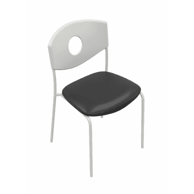 A modern chair with a white, curved backrest featuring a circular cutout. The seat is upholstered in black material, and the frame consists of four slender, white legs. — 3D model (AI enhanced source)