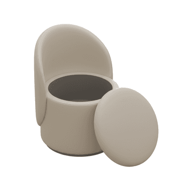 A compact, beige-upholstered, cylindrical furniture piece designed for seating and storage. It features a low, rounded backrest that extends from the main body. The top is a removable, padded lid, revealing a dark-colored storage compartment within the main cylindrical structure. — 3D model (AI enhanced source)