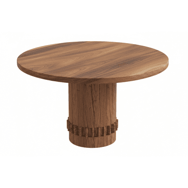 A round dining table constructed entirely from wood, featuring a substantial circular top supported by a thick cylindrical pedestal base. The base has a distinctive carved or grooved detail around its lower circumference, adding textural interest. The wood grain is prominent across all surfaces, suggesting a natural and robust aesthetic. — 3D model (AI enhanced source)