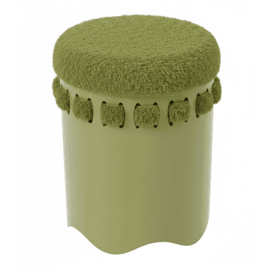 A contemporary cylindrical stool or ottoman featuring a plush, shaggy green upholstered top and a smooth, matte olive-green base. Decorative fuzzy green loops are threaded through cut-outs along the rim of the base, connecting the two sections. — 3D model (AI enhanced source)