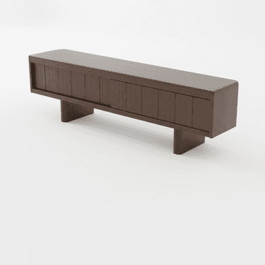 A modern, long, and low-profile media console or TV stand crafted from dark-stained wood. It features a sleek, minimalist design with rounded edges on the top surface. The front facade is characterized by multiple vertical slatted panels that function as sliding doors, offering both aesthetic appeal and practical ventilation for electronic components. The console is supported by two thick, sturdy block legs positioned towards the center, elevating the main body from the floor. — 3D model (AI enhanced source)