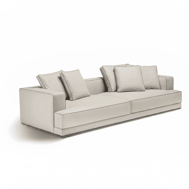 A contemporary three-seater sofa characterized by its minimalist design, low profile, and neutral light beige upholstery with subtle contrast piping. It features integrated armrests and multiple loose back cushions. — 3D model (AI enhanced source)