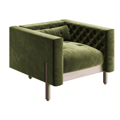 A modern armchair upholstered in deep olive green velvet. The chair features a boxy silhouette with deep button tufting on the interior backrest and side panels. It includes a plush seat cushion and a matching rectangular lumbar pillow. The chair rests on an exposed, light-toned wooden base frame, from which four slender, tapered cylindrical metal legs extend, appearing to have a bronze or copper finish. — 3D model (AI enhanced source)