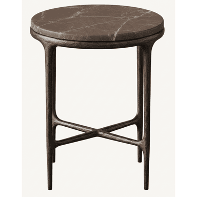 A small, round table featuring a dark brown marble top with prominent lighter veining. The top rests on a robust, textured dark cast metal base with an organic, sculptural design. The base consists of four splayed legs connected by an X-shaped stretcher near the floor. — 3D model (AI enhanced source)