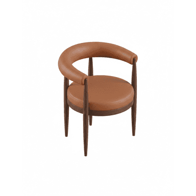 A modern armchair featuring a dark wood frame and saddle leather upholstery. The chair has a curved, continuous backrest that flows into integrated armrests. The seat is a circular, padded cushion. It stands on four slender, tapered wooden legs. — 3D model (AI enhanced source)
