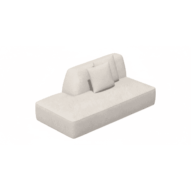 An off-white or light beige upholstered chaise lounge module, designed with a low profile and a clean, modern aesthetic. It features a tapered, angled backrest on one side and includes a single square throw pillow. The upholstery appears to be a textured fabric, and the overall form is minimalist with soft, rounded edges, suggesting comfort and contemporary design. It is depicted against a plain white background, highlighting its form. — 3D model (AI enhanced source)