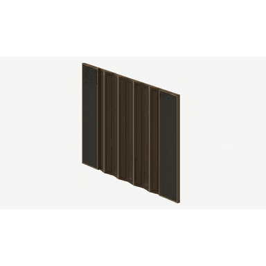 A multi-panel room divider featuring dark wood frames and alternating dark textured panels, connected by hinges and accented with metallic trim. — 3D model (AI enhanced source)