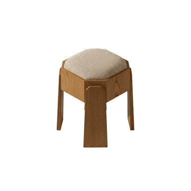 A wooden stool with an upholstered hexagonal seat. The stool has four legs, with two facing front and two facing back, joined by a central structural element. The wooden frame exhibits a grain pattern characteristic of natural wood. — 3D model (AI enhanced source)