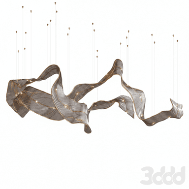A large, contemporary sculptural lighting fixture designed to be suspended from a ceiling, characterized by an undulating, ribbon-like form crafted from corrugated silver-toned metal mesh and accented with brass or gold-toned trim, featuring numerous integrated small light sources throughout its structure. — 3D model (AI enhanced source)