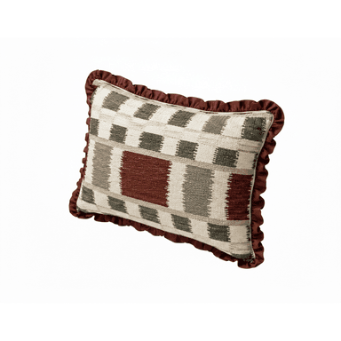 A rectangular throw pillow featuring a woven geometric pattern in shades of beige, brown, and grey, accented with a ruffled maroon trim around its perimeter. The textile exhibits a textured surface, and the pillow appears plump and well-maintained. — 3D model (AI enhanced source)