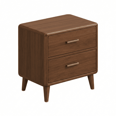 A compact mid-century modern nightstand crafted from dark walnut wood, featuring two spacious drawers with minimalist brass bar pulls. The design includes elegantly rounded corners on the top and sides, and four slender, tapered legs that splay slightly outward, contributing to its iconic aesthetic. The wood grain is visible, adding natural texture to its smooth, polished finish. — 3D model (AI enhanced source)