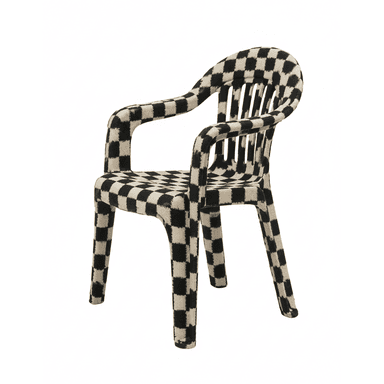 A molded plastic armchair covered in a fuzzy black and off-white checkered textile pattern. It features integrated armrests and a slatted backrest. — 3D model (AI enhanced source)