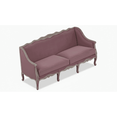 A French Provincial style loveseat featuring a carved wooden frame with a distressed finish and mauve fabric upholstery, designed to seat two people. — 3D model (AI enhanced source)