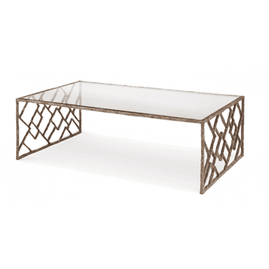 A rectangular coffee table with a glass top and a metallic base. The base features an intricate, geometric lattice design with a textured, antique brass finish. The legs are integrated into the geometric pattern. — 3D model (AI enhanced source)