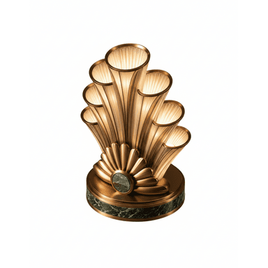 An elegant Art Deco style table lamp featuring a fan-shaped design with multiple fluted light diffusers and a polished brass finish on a green marble base. — 3D model (AI enhanced source)