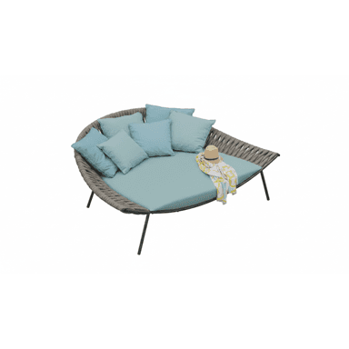 A modern outdoor daybed featuring a semi-circular form with a tightly woven gray synthetic rope backrest and dark metal legs. It is fitted with a large, light blue primary cushion and several smaller matching throw pillows. A straw hat and a patterned towel are placed on the cushion, suggesting a leisure context. — 3D model (AI enhanced source)