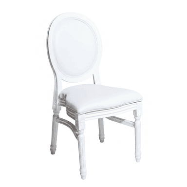 A white French Neoclassical style armless chair featuring an oval padded backrest and a rectangular padded seat. The wooden frame is painted white, with fluted tapered legs and carved rosette details at the front leg junctures. — 3D model (AI enhanced source)