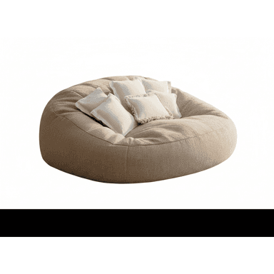 An oversized, amorphous bean bag chair upholstered in a textured beige fabric, accompanied by a cluster of smaller, off-white accent pillows. — 3D model (AI enhanced source)