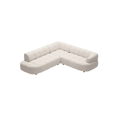 A modular L-shaped sectional sofa with a bouclé fabric upholstery. The sofa features a tufted design on the seat and back cushions, with rounded armrests and a low profile. It is supported by small, dark, cylindrical legs. — 3D model (AI enhanced source)