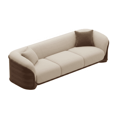 A modern three-seater sofa with a curved dark wood frame and cream fabric upholstery. It features three separate seat cushions and an integrated backrest, accompanied by two accent pillows. — 3D model (AI enhanced source)