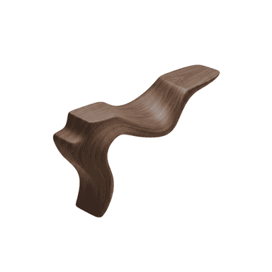 A single, continuous piece of furniture sculpted from dark walnut wood, forming an organic, undulating shape designed for reclining. The surface displays a natural wood grain with varying shades of brown. The design is minimalist and sculptural, with no discernible separate legs, backrest, or armrests; instead, the entire form serves as a complete seating unit. Its fluid lines suggest a contemporary or organic modern aesthetic. — 3D model (AI enhanced source)