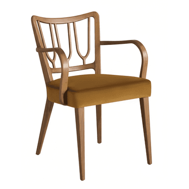 A contemporary wooden armchair featuring a mustard yellow velvet upholstered seat, a distinctive slatted backrest with a stylized central element, and curved wooden armrests. The chair is supported by four tapered wooden legs. — 3D model (AI enhanced source)