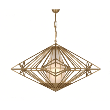 A striking chandelier featuring a complex, diamond-shaped external frame constructed from brass rods. The internal light source is diffused by a conical or pyramidal frosted glass or acrylic element. The entire fixture is suspended by a chain and canopy, all in a matching brass finish, creating a sophisticated and architectural lighting piece. — 3D model (AI enhanced source)