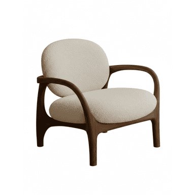 A contemporary lounge chair featuring a sculptural dark wood frame and plush, rounded bouclé upholstery. The chair has a minimalist yet organic design, with seamlessly integrated armrests that flow into the legs. The backrest and seat cushions are generously padded, providing a comfortable seating experience. — 3D model (AI enhanced source)