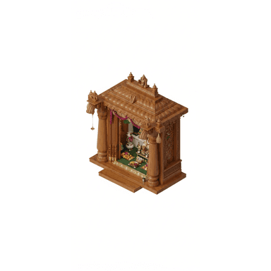 An intricately carved wooden structure designed as a home temple or puja mandir, featuring a tiered pyramidal roof, ornate columns, and a platform for deities and offerings. The structure is rendered in a medium brown wood tone, suggesting materials like teak or rosewood. Small bells hang from the roof corners, and the interior displays miniature idols, floral garlands, and various food offerings on a green base. — 3D model (AI enhanced source)
