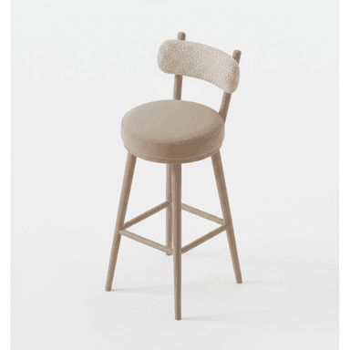 A contemporary bar stool featuring a light wooden frame with a circular upholstered seat and a distinctive curved bouclé backrest. The stool has four tapered legs connected by a rectangular footrest. — 3D model (AI enhanced source)