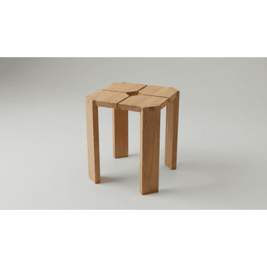 A geometric wooden stool with four legs and a segmented octagonal top. The stool is constructed from light-colored wood, likely beech or maple, with a natural finish. The top surface is formed by four distinct trapezoidal segments, each beveled to meet at the center, creating a cross-like pattern. The legs are rectangular in cross-section and join the top at the corners, extending downwards vertically. — 3D model (AI enhanced source)