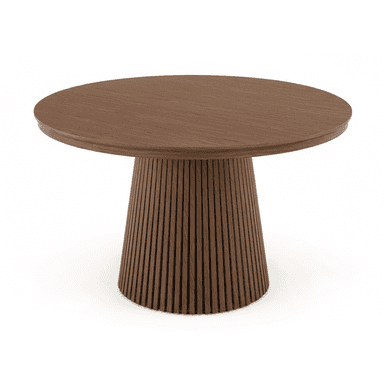 A modern round dining table featuring a solid wood construction with a distinctive fluted pedestal base and a smooth circular tabletop. — 3D model (AI enhanced source)