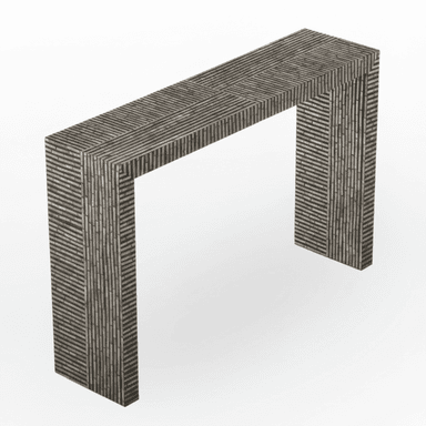 A rectangular console table with a U-shaped silhouette, entirely covered in a mosaic of small, rectangular bone pieces arranged in a geometric pattern. The pieces vary in shade from dark grey to lighter, iridescent tones, creating a textured and dynamic surface. — 3D model (AI enhanced source)