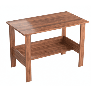 A rectangular coffee table featuring a flat top surface and a spacious lower shelf, all constructed from engineered wood with a medium brown wood-look laminate finish. It stands on four straight, block-style legs, offering a simple and functional design. — 3D model (AI enhanced source)